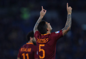 ROME, ITALY - OCTOBER 23:  Leandro Paredes of AS Roma celebrates after scoring the team's second goal during the Serie A match between AS Roma and US Citta di Palermo at Stadio Olimpico on October 23, 2016 in Rome, Italy.  (Photo by Paolo Bruno/Getty Images)
